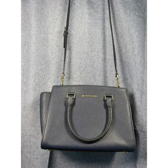 Michael Kors Navy Saffiano Leather Satchel Crossbody Gold Hardware - Picture 2 of 9